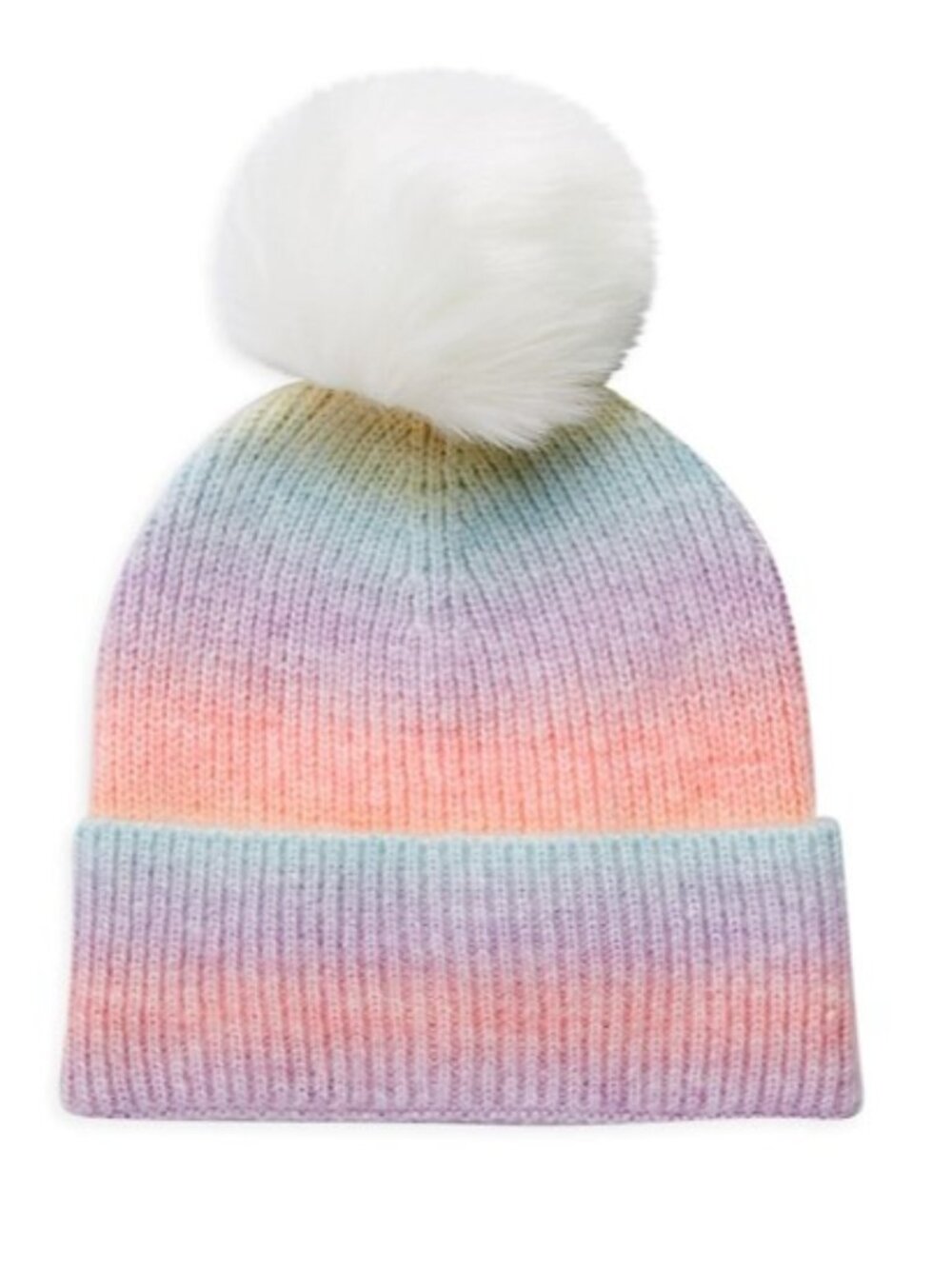 Adrienne Landau Wool Rainbow Purple Pink Faux Fur Pom-Pom Warm Beanie